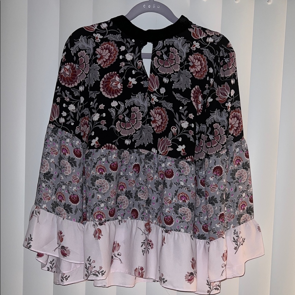 LOFT Floral Blouse in Black, Pink, and Gray